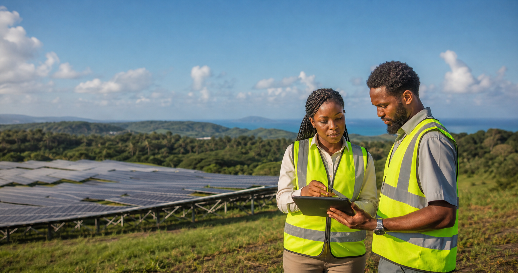 Black Caribbean environmental professionals reviewing field information beside a solar development
