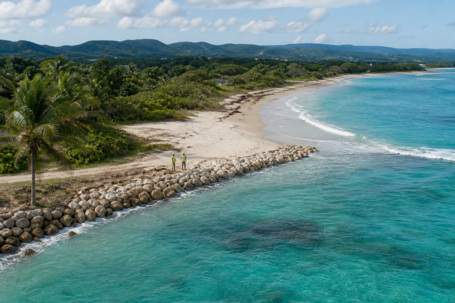 Aerial view of a Caribbean shoreline and coastal protection works
