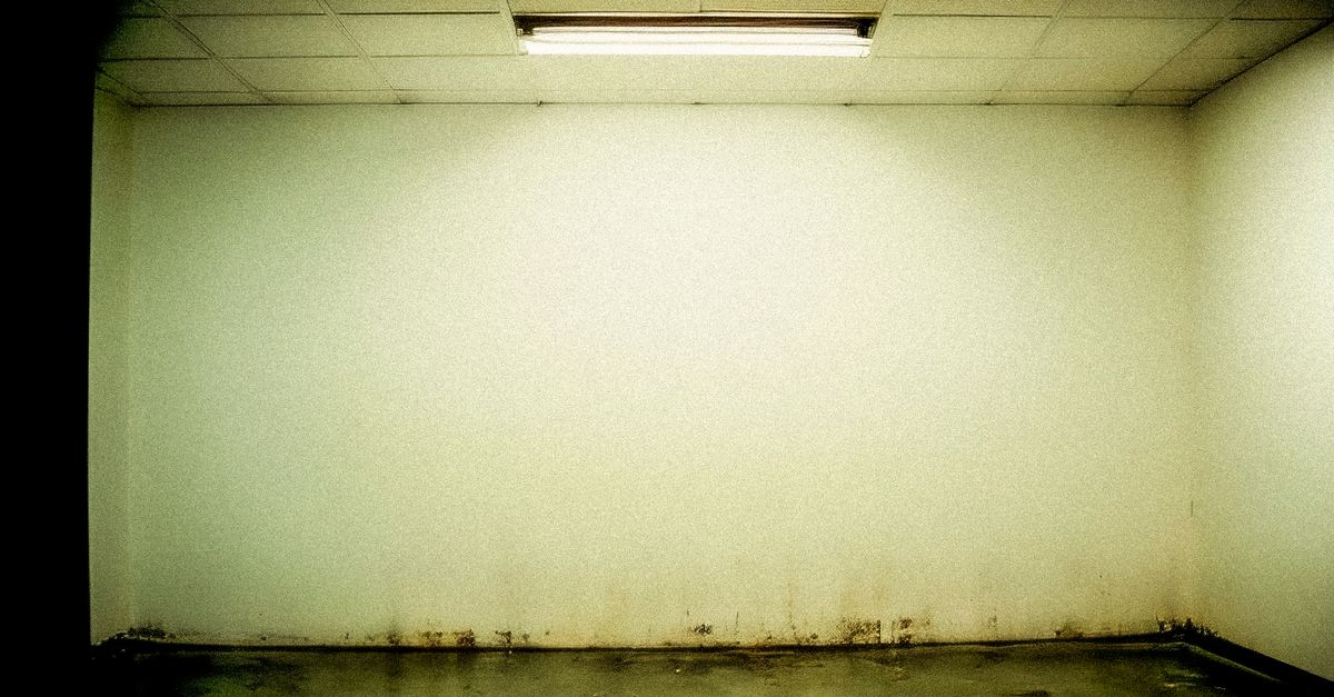 Moody grunge-style room with stained walls and fluorescent ceiling light.